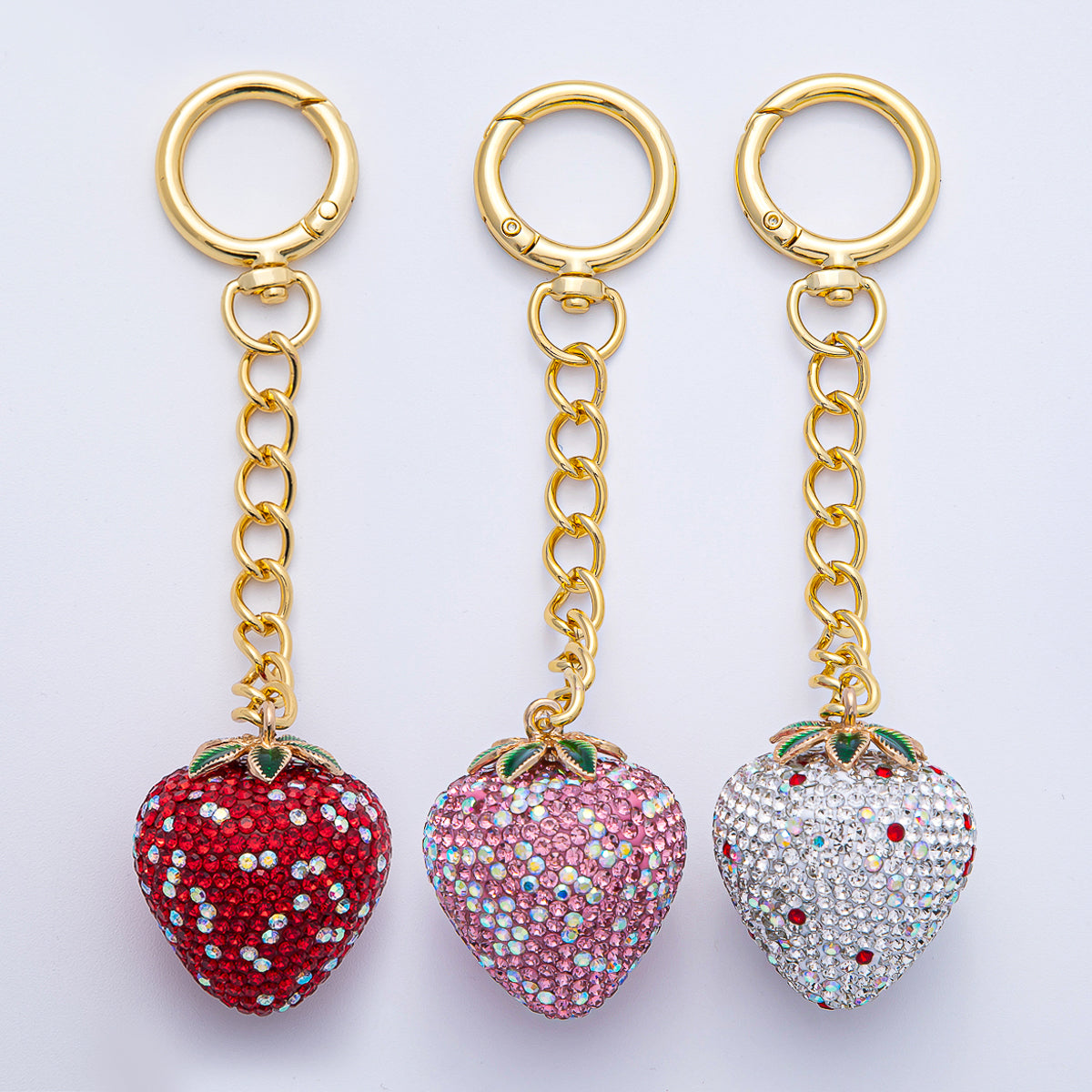 18K Gold Filled White, Pink, Red Strawberry Bedazzled Bag Charm Keychain Accessories | WB-00265 ~ WB-00267
