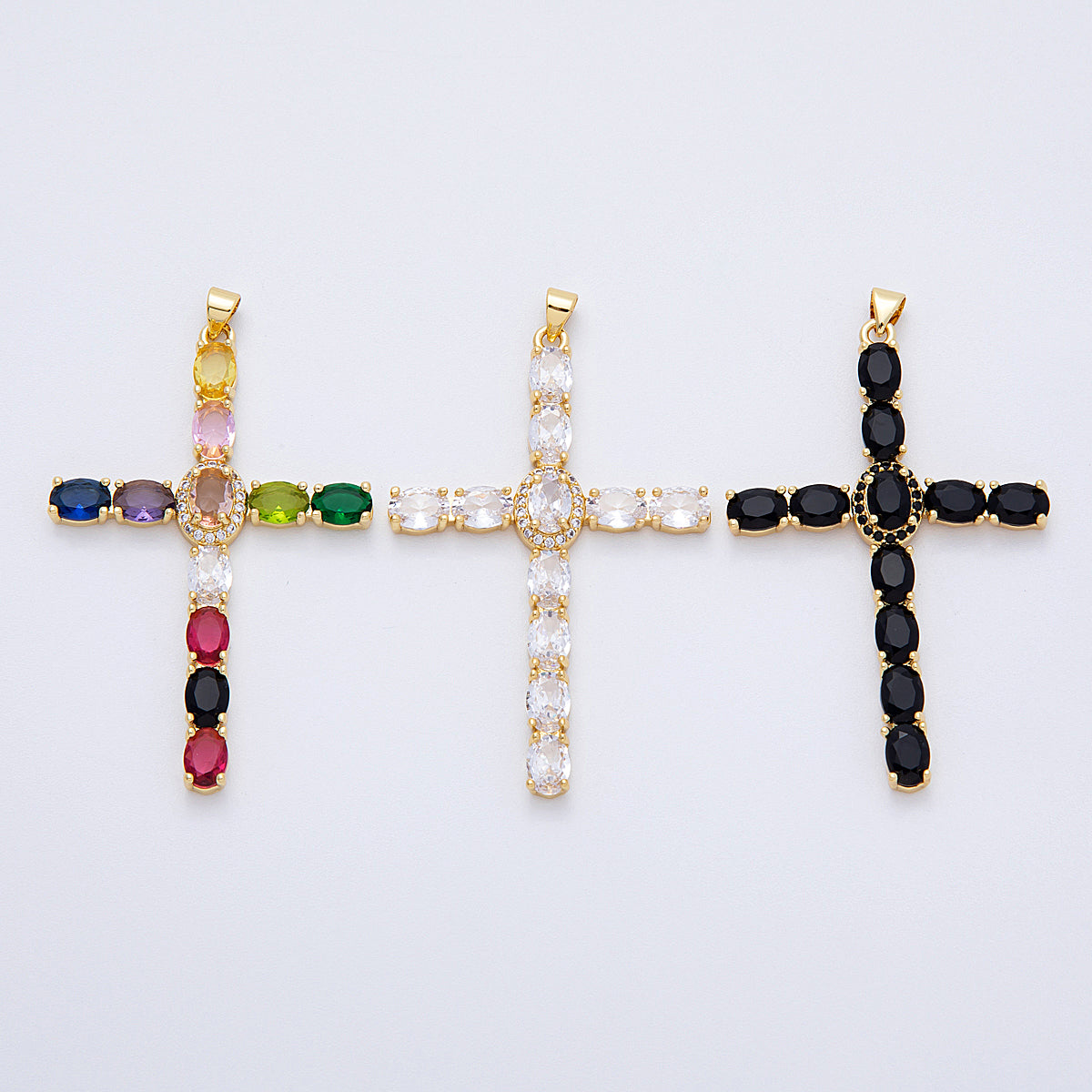 16K Gold Filled 57mm Clear, Black, Multicolor Oval Micro Paved CZ Religious Pendant | Charms-00159 ~ Charms-00161