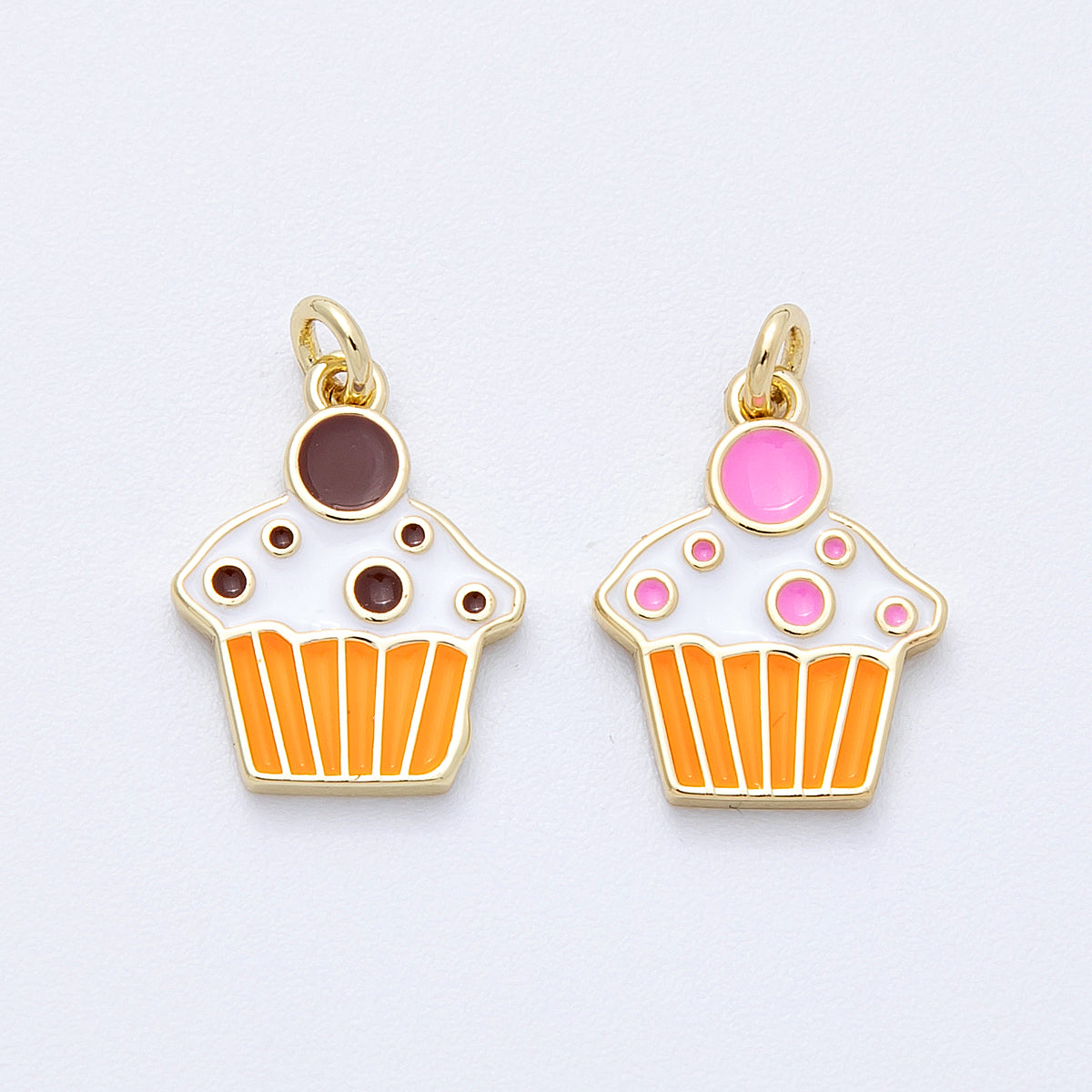 16K Gold Filled 15mm Brown, Pink Enamel Cupcake Charm | Charms-00155