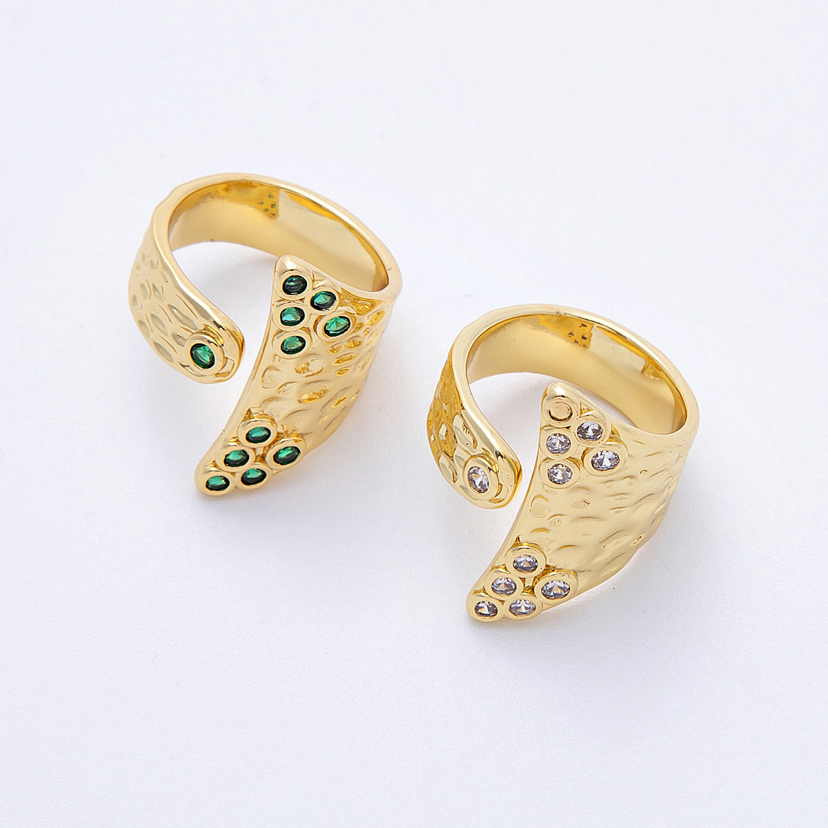 16K Gold Filled Green, Clear CZ Dotted Hammered Wrap Ring | Rings-00025 Rings-00026
