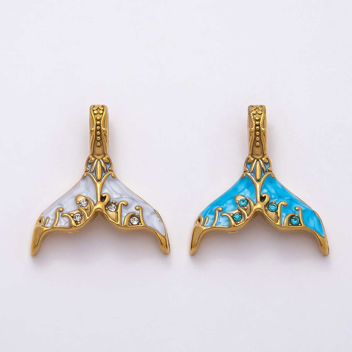 PVD Stainless Steel 30mm White, Blue Glitter Enamel Mermaid Tail Fish Charm | Charms-00789 Charms-00790