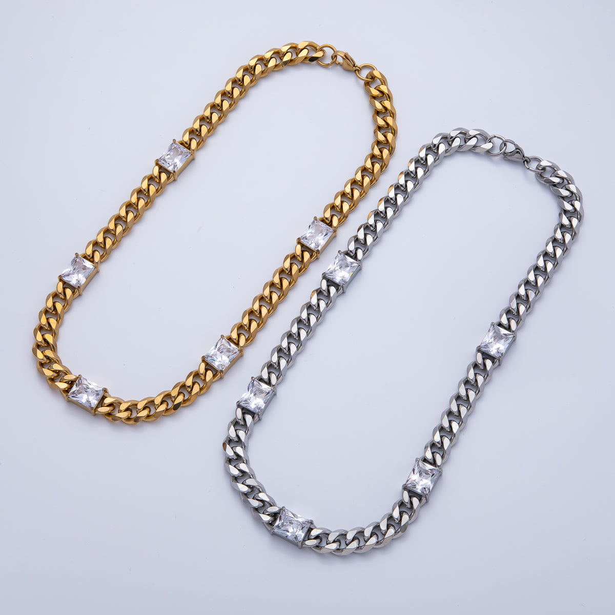 18K Gold PVD Stainless Steel 12mm Clear CZ Baguette Curb Chain 18 Inch Necklace in Gold & Silver | WA-3941 WA-3942