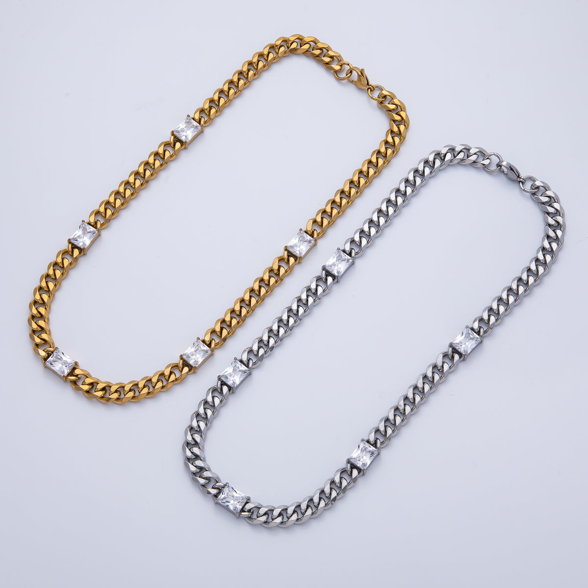 18K Gold PVD Stainless Steel 9.5mm Clear CZ Baguette Curb Chain 18 Inch Necklace in Gold & Silver | WA-3943 WA-3944