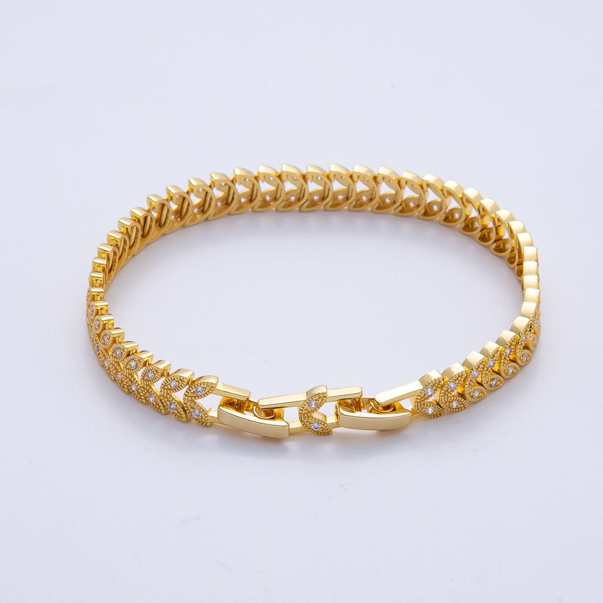 18K Gold Filled Micro Paved CZ Feather Heart Adjustable 7 Inch Chain Bracelet | WA-3888