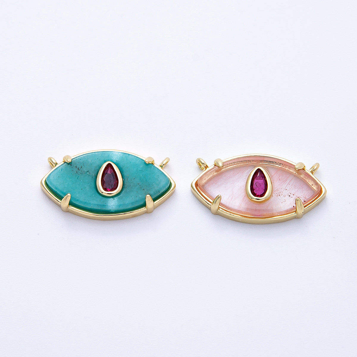 16K Gold Filled 22.5mm Aquamarine, Rose Quartz Fuchsia CZ Evil Eye Connector | Connectors-00009 Connectors-00010