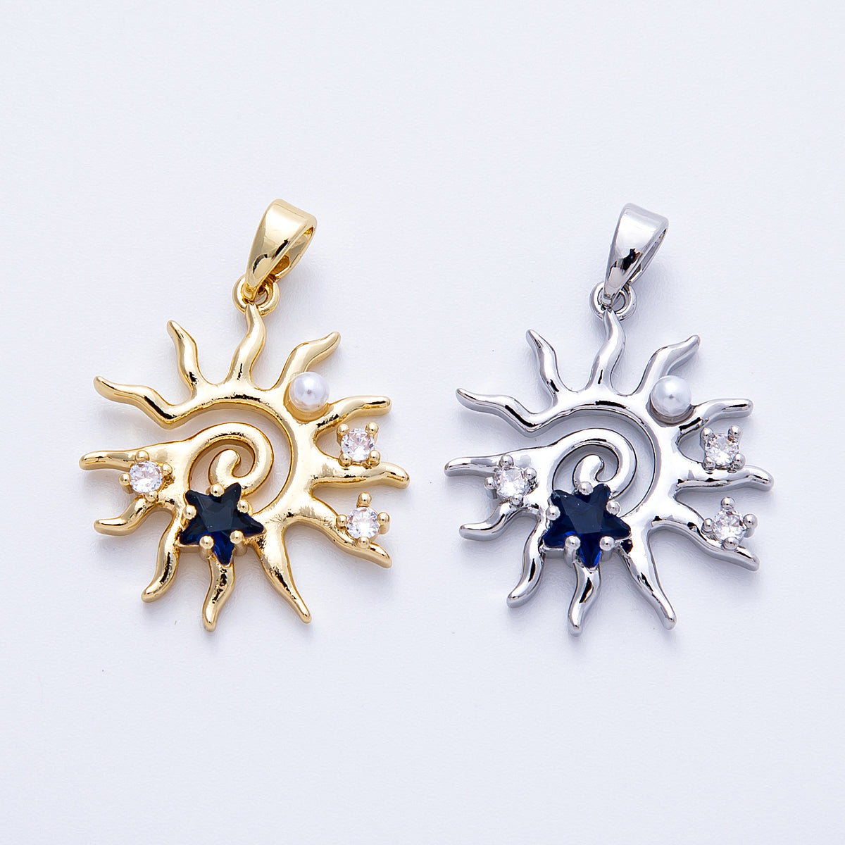 16K Gold Filled 22.5mm Blue CZ Shell Pearl Celestial Sun Pendant in Gold & Silver | Charms-00186 Charms-00187