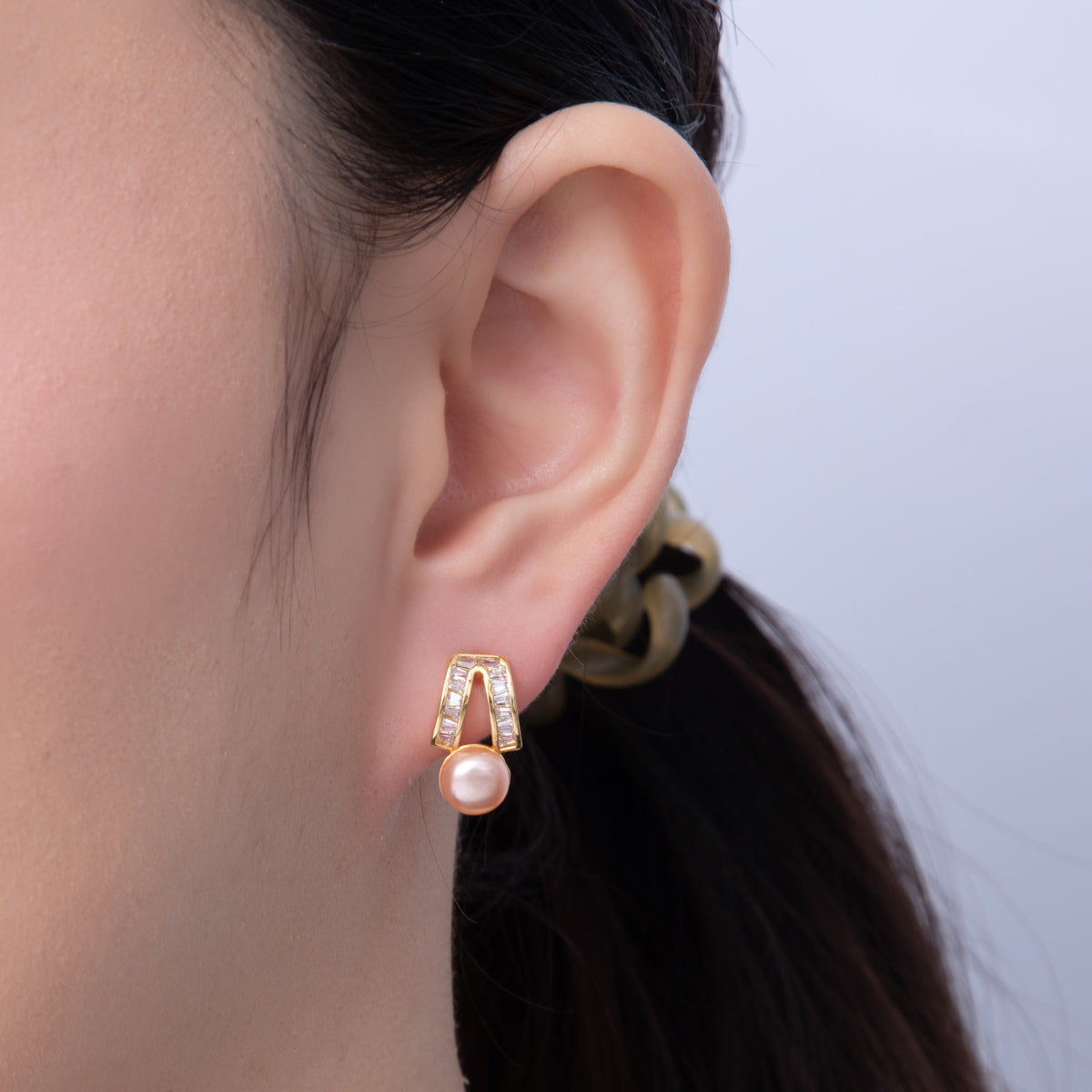 18K Gold Filled 16.5mm White, Pink Shell Pearl Geometric Baguette Drop Stud Earrings | AD1640 AD1641