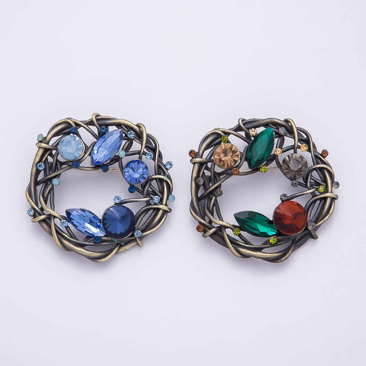 Vintage Gold Blue, Multicolor Rhinestone Twisted Vine Open Round Pin Brooch | BH-140 BH-141