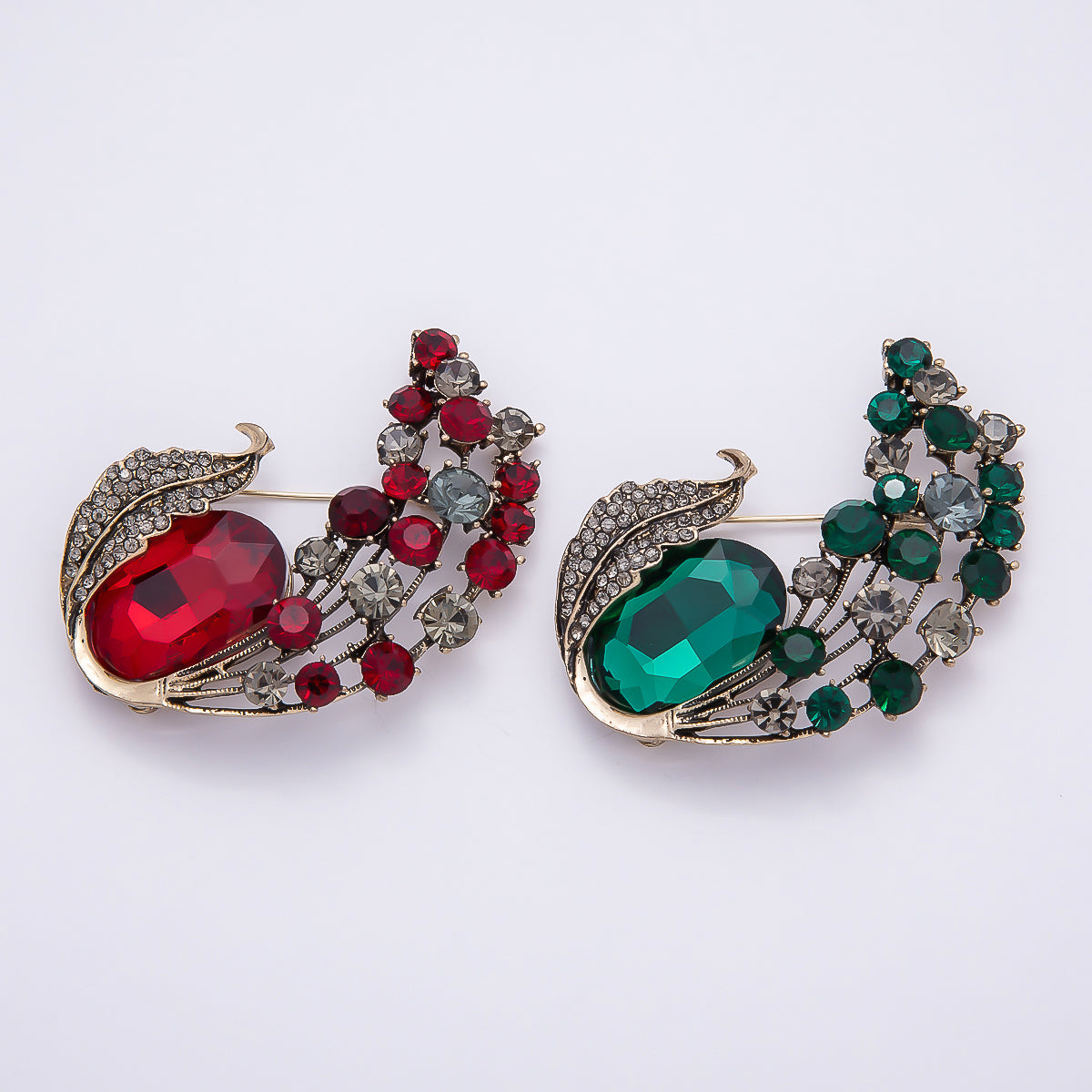 Vintage Gold Green, Red Rhinestone Curved Leaf Nature Pin Brooch | BH-144 BH-145