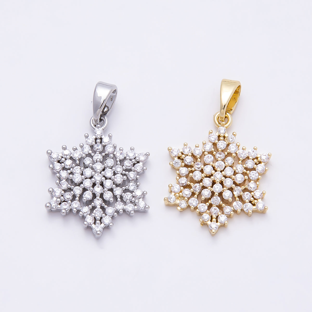 16K Gold Filled 19mm Clear CZ Winter Snowflake Pendant in Gold & Silver | Charms-00954 Charms-00955
