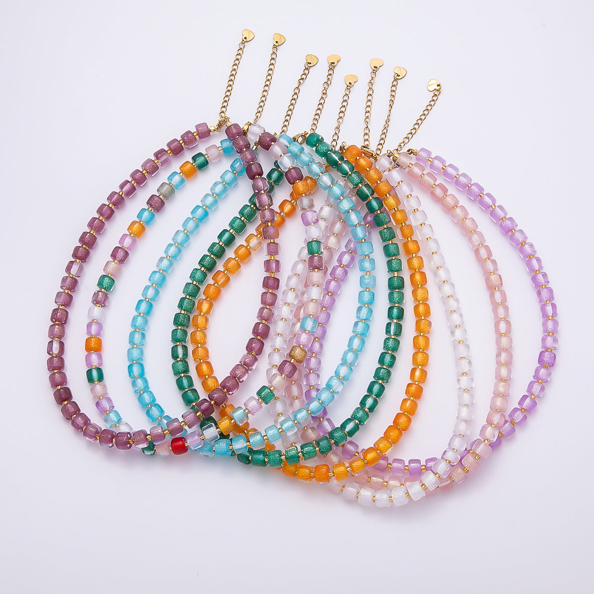 Stainless Steel 8mm Green, Purple, Multicolor, Blue, Purple, Pink, Orange, White Glitter Resin Rondelle Bead 16 Inch Necklace w. Extender | WA-04565 ~ WA-04572