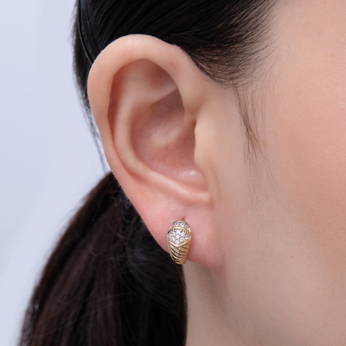 14K Gold Filled 15mm Micro Paved CZ Croissant Huggie Earrings | Earrings-00074