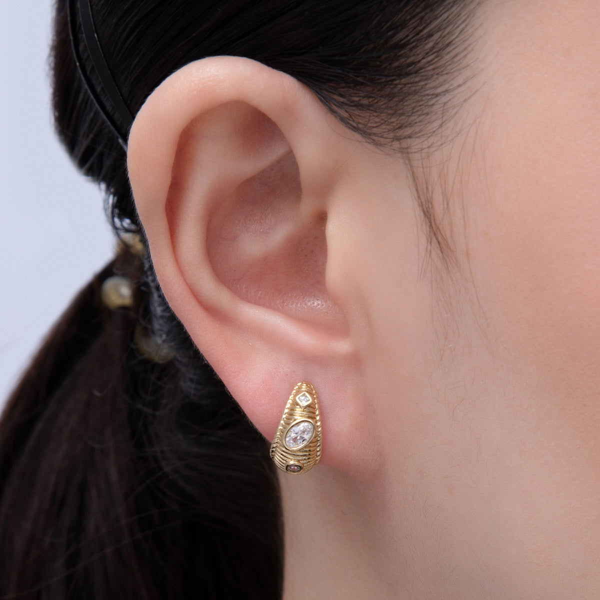 14K Gold Filled 16.5mm Geometric CZ Ribbed Dome English Lock Earrings | Earrings-00100