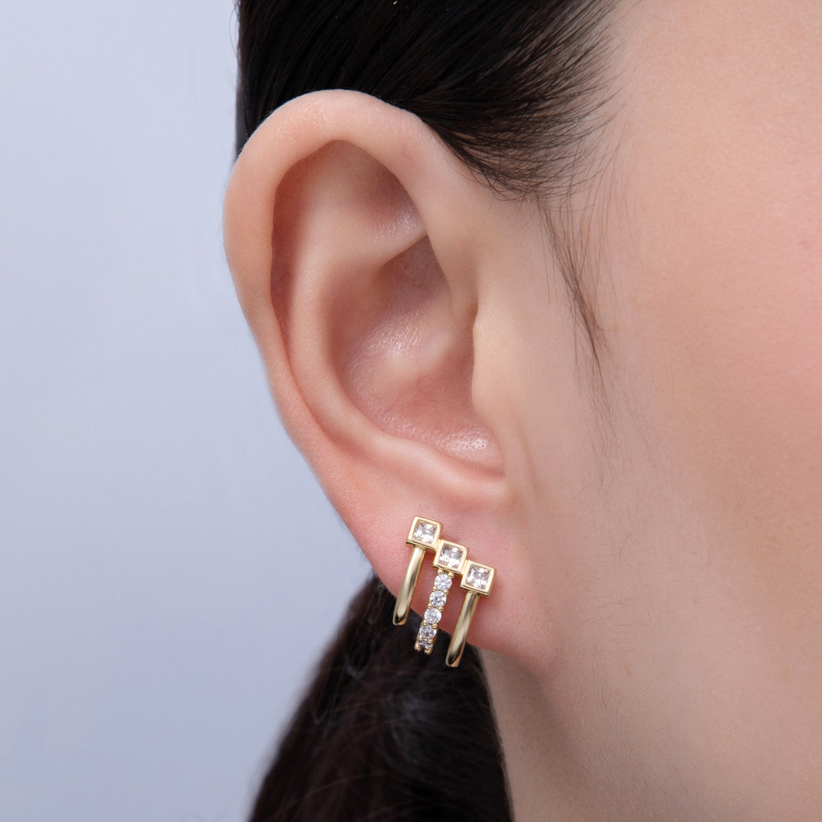 14K Gold Filled 15mm Micro Paved CZ Square Claw Stud Earrings | Earrings-020034