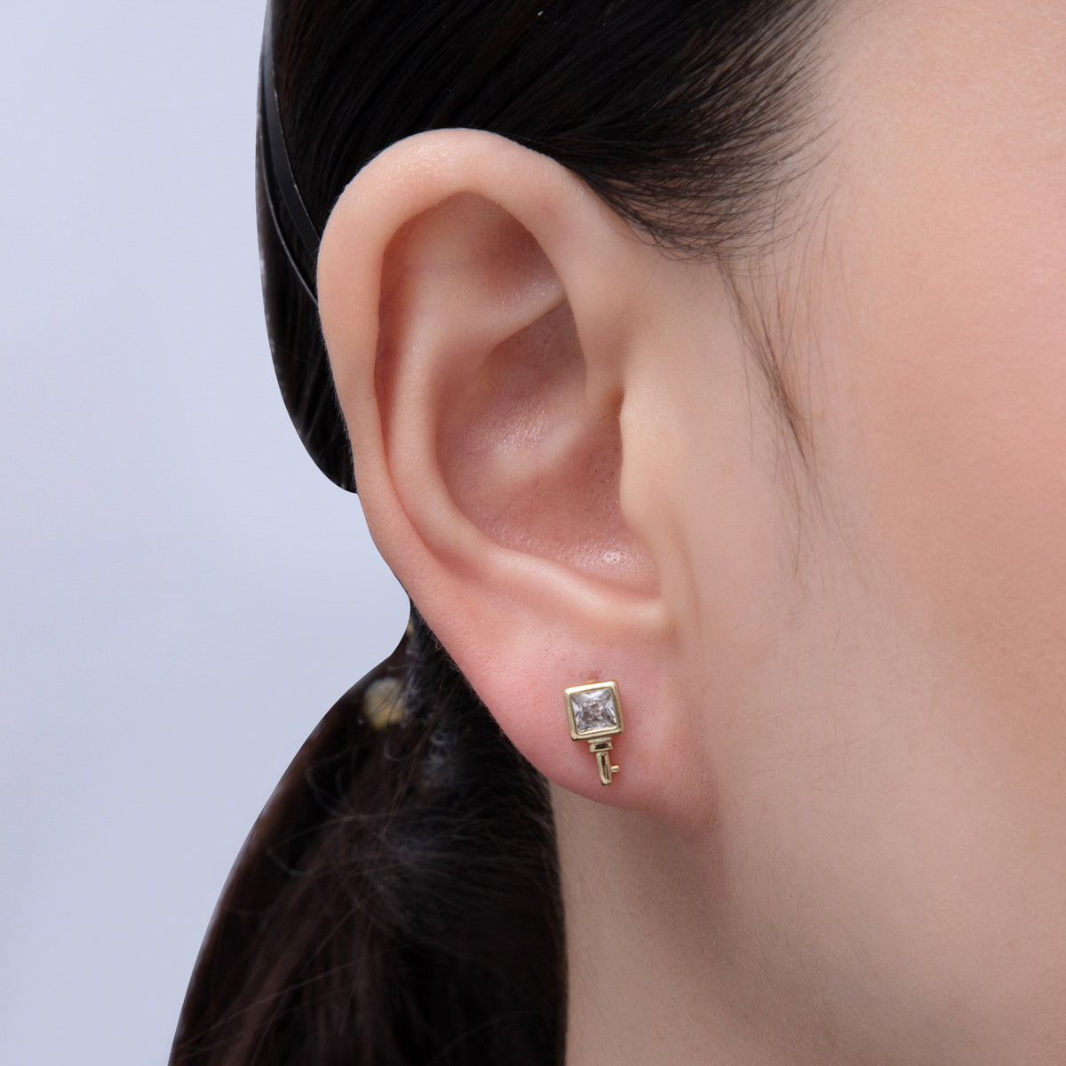 14K Gold Filled 15mm Clear CZ Baguette Square Key Stud Earrings | Earrings-00030