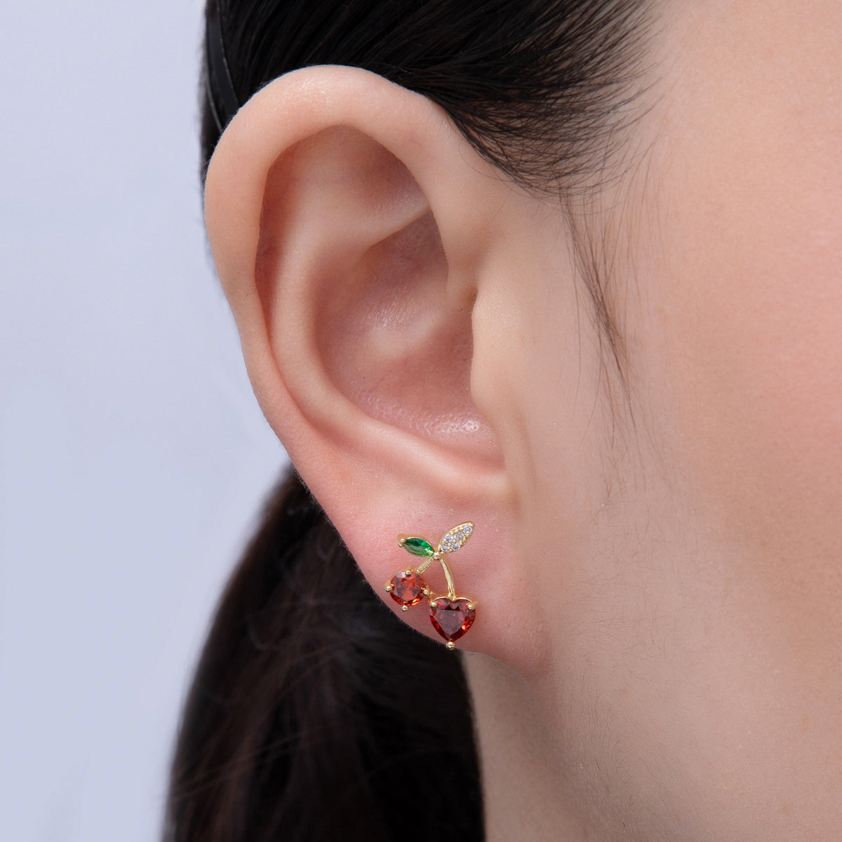 14K Gold Filled 12.5mm Red, Green CZ Cherry Fruit Stud Earrings | Earrings-00025 Earrings-00036