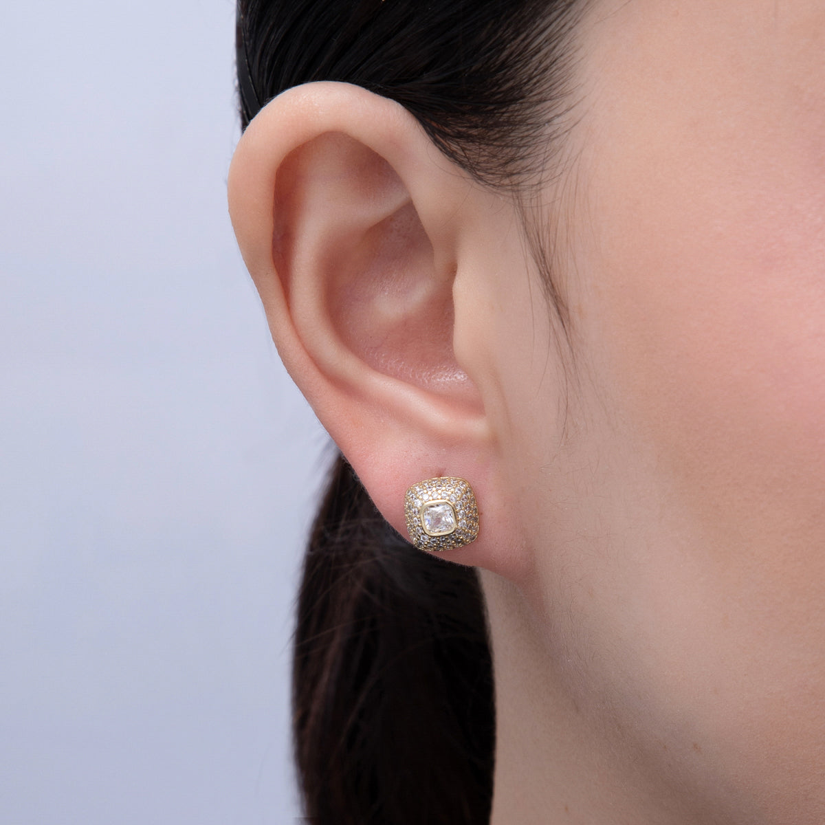 14K Gold Filled 16mm Clear Micro Paved CZ Square Stud Earrings | Earrings-00034