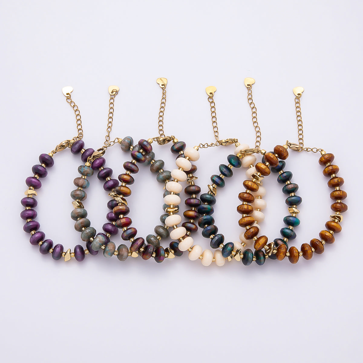 Handmade 10mm Round Flat Rondelle Bead Resin 7.5 Inch Bracelet w/ Extender Gold Pvd Stainless Steel | WA-04613 - WA-04618