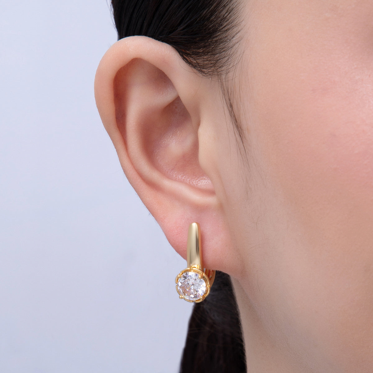 18K Gold Filled 22mm Round Clear CZ English Lock Hoop Earrings | AE621