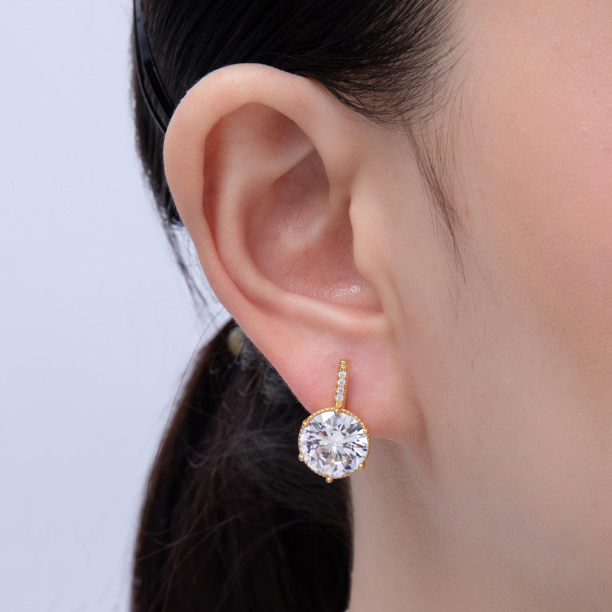 18K Gold Filled 20mm Clear CZ Round Micro Paved English Lock Earrings | Q354