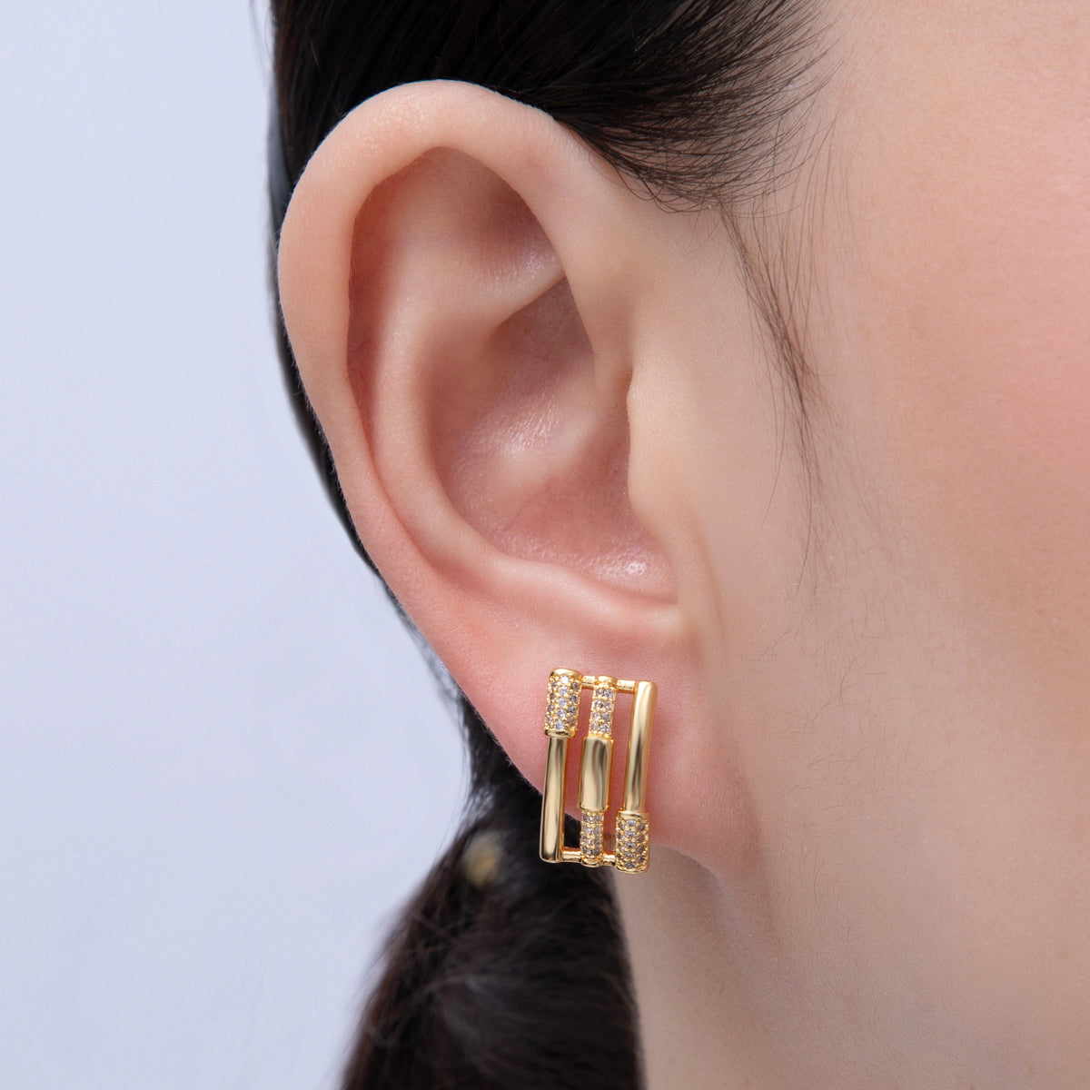 18K Gold Filled 16.5mm Micro Paved CZ Triple Band Oblong English Lock Hoop Earrings | AE827