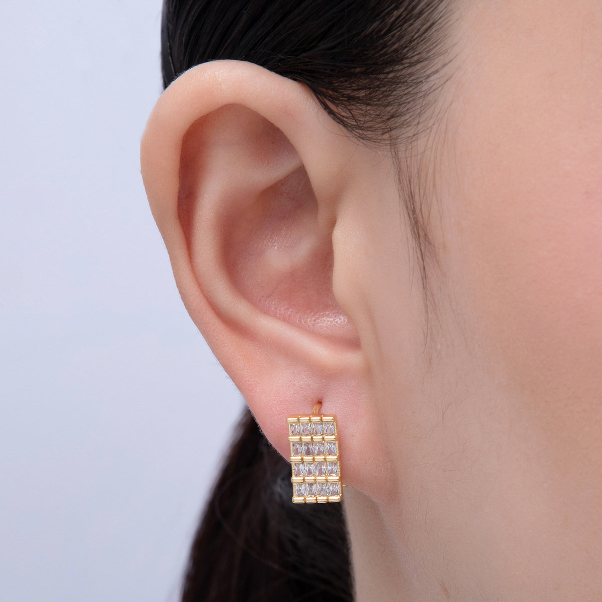 18K Gold Filled 14mm Baguette CZ Wide Rectangular Filigree Cartilage Hoop Earrings | T480