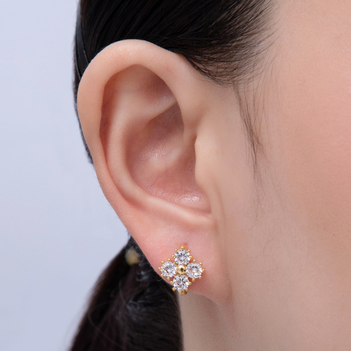 18K Gold Filled 12mm Clear CZ Clover Huggie Earrings | Earrings-00053