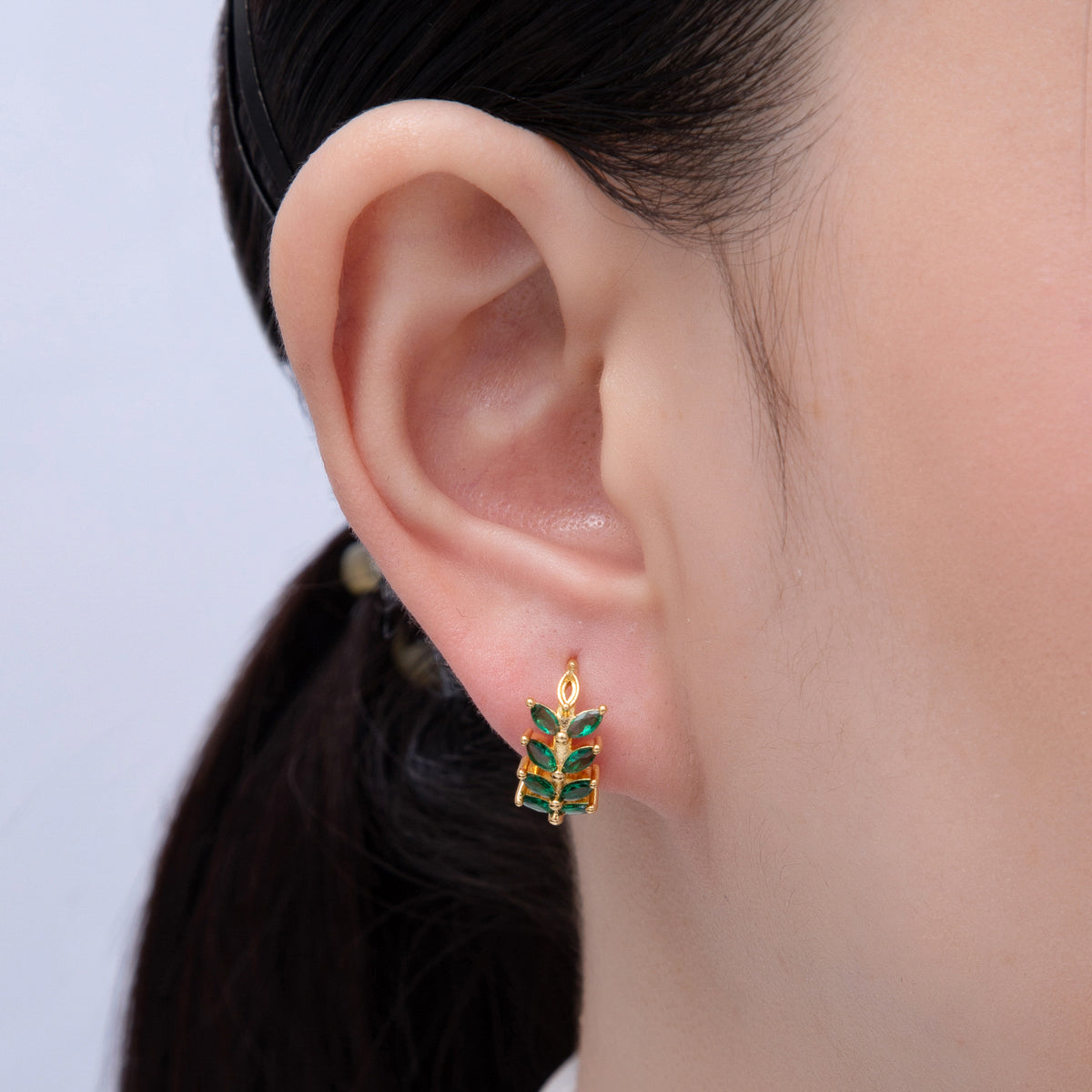 18K Gold Filled 15mm Green Red CZ Olive Sparkling Leaf Hoop Earrings | EARRINGS 00037-00038