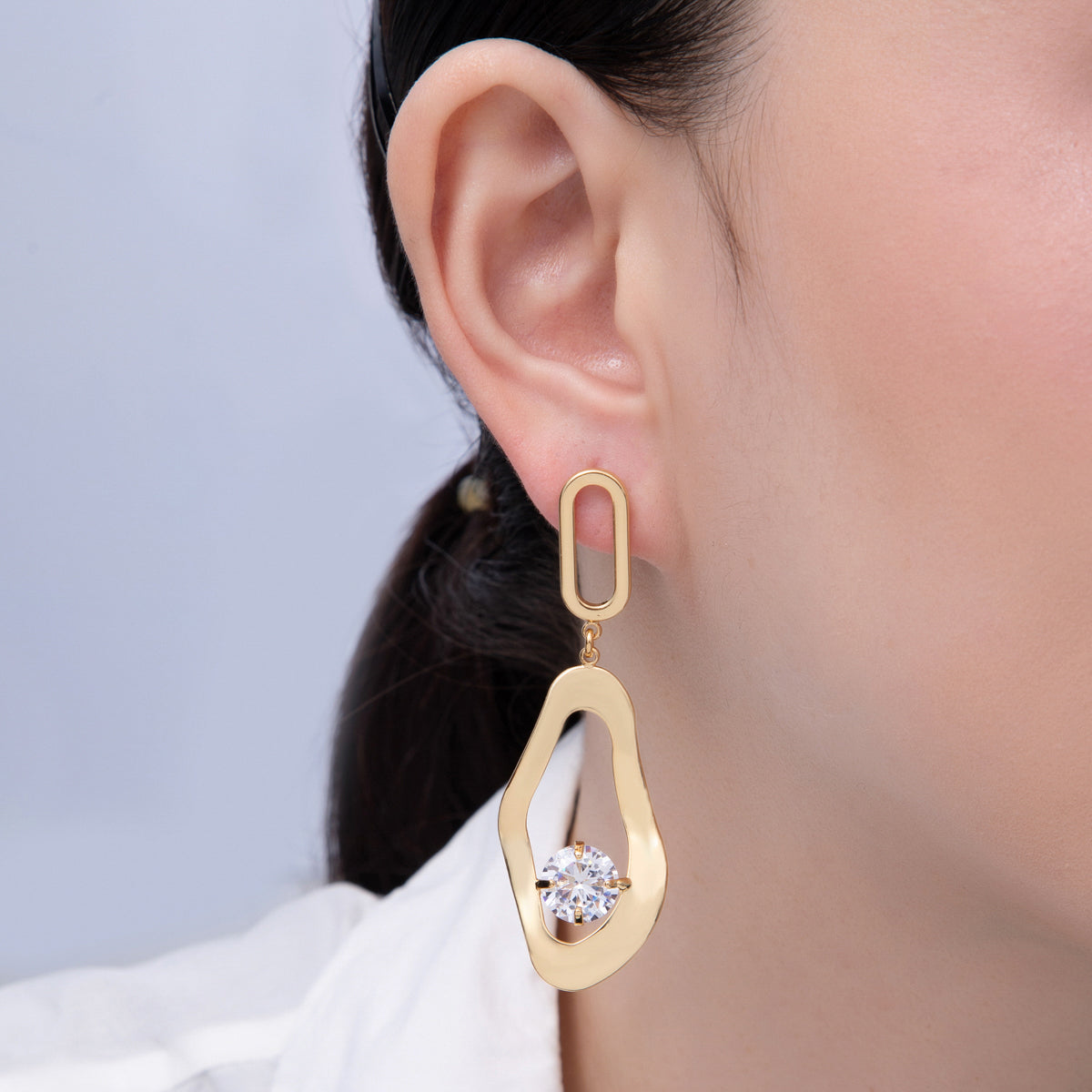 18K Gold Filled 68mm Clear CZ Hammered Paperclip Drop Stud Earrings | AE315