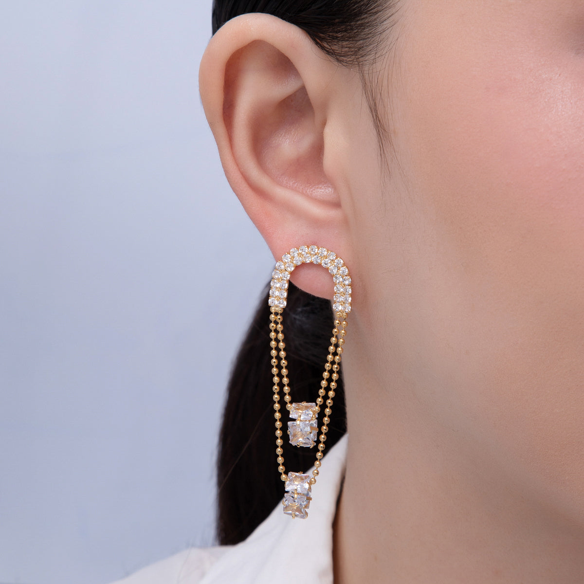 18K Gold Filled 63mm Clear CZ Micro Paved Rondelle Bead Geometric Drop Stud Earrings | T069