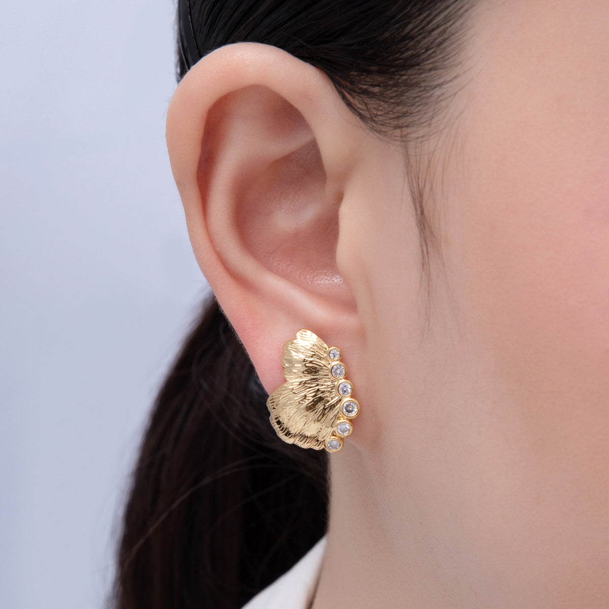 18K Gold Filled 20mm Clear CZ Textured Butterfly Wings Stud Earrings Set | AE619