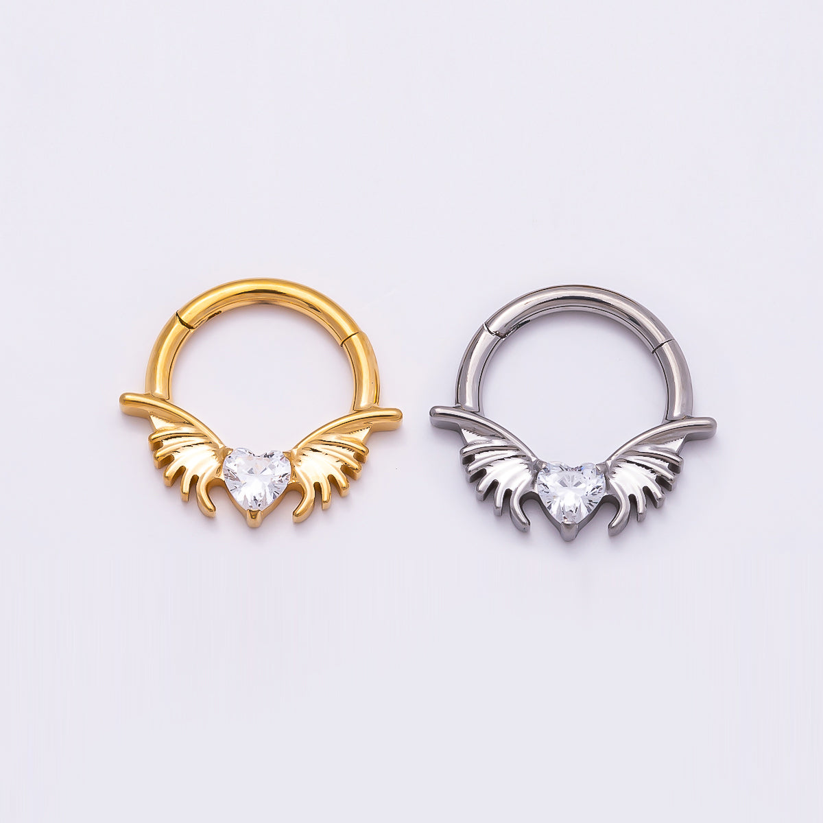 Titanium 12.5mm Clear CZ Heart Wings Single Septum Cartilage Piercing Clicker in Gold & Silver | Findings-00311 Findings-00312