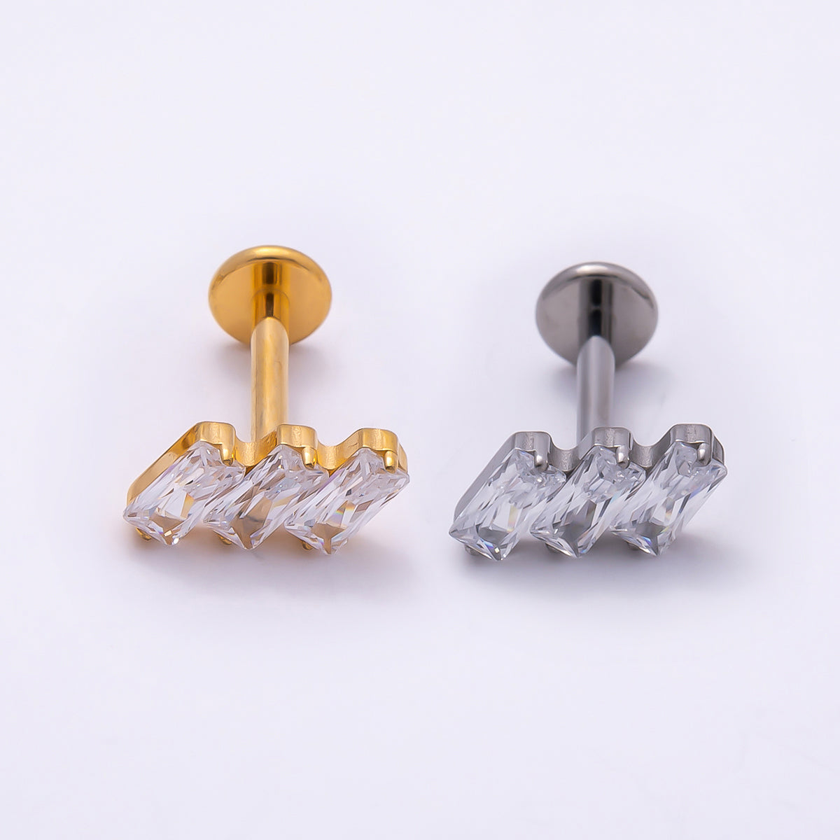 24K Gold Filled 4mm Triple Baguette CZ Cartilage Piercing Flat Back Stud in Gold & Silver | Findings-00271 Findings-00272