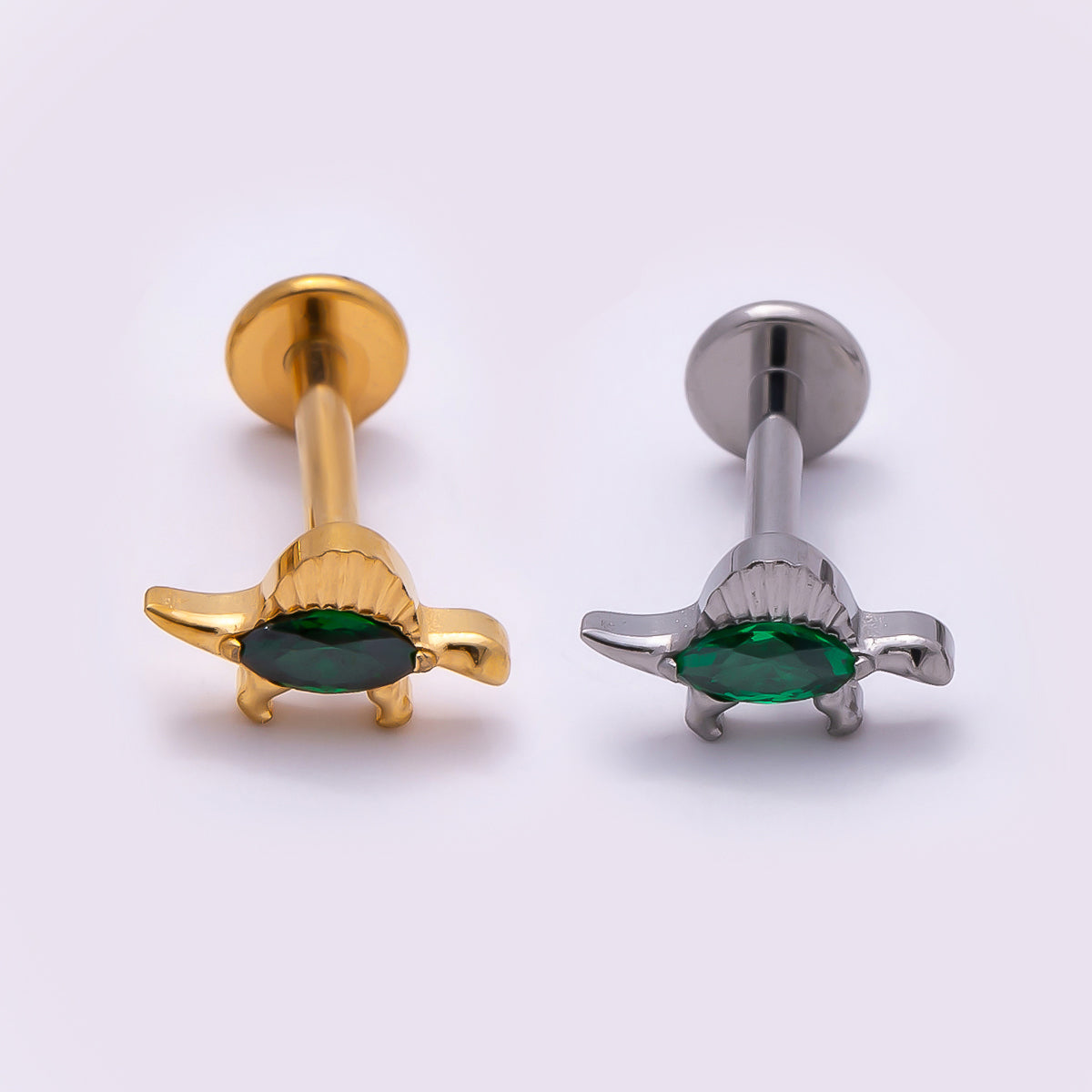 24K Gold Filled 7.5mm Green CZ Dinosaur Single Cartilage Piercing Flat Back Stud in Gold & Silver | Findings-00246 Findings-00247