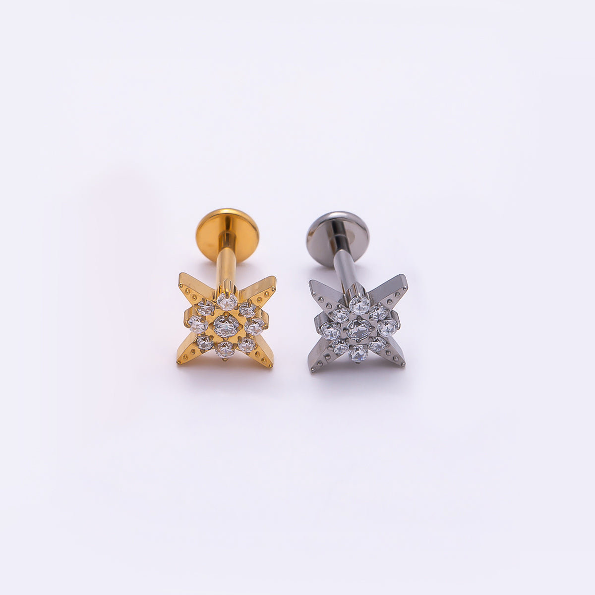 24K Gold Filled 8mm Star Micro Paved CZ Cartilage Piercing Flat Back Stud in Gold & Silver | Findings-00269 Findings-00270