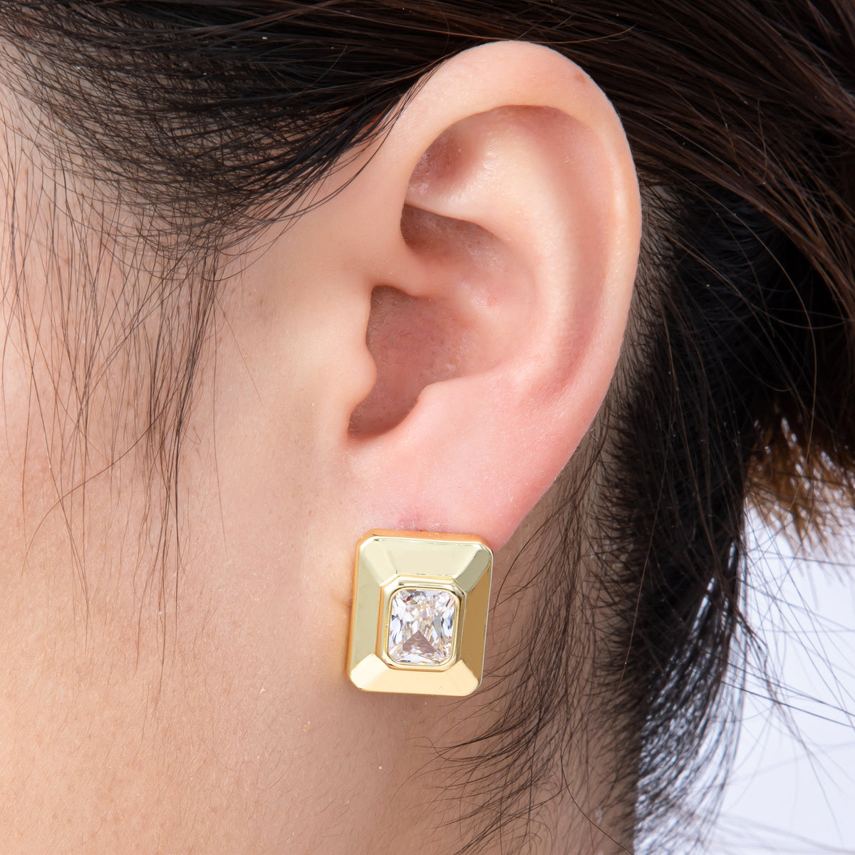 16K Gold Filled Clear Baguette CZ Rectangle Bezel Stud Earrings | EARRINGS-00163