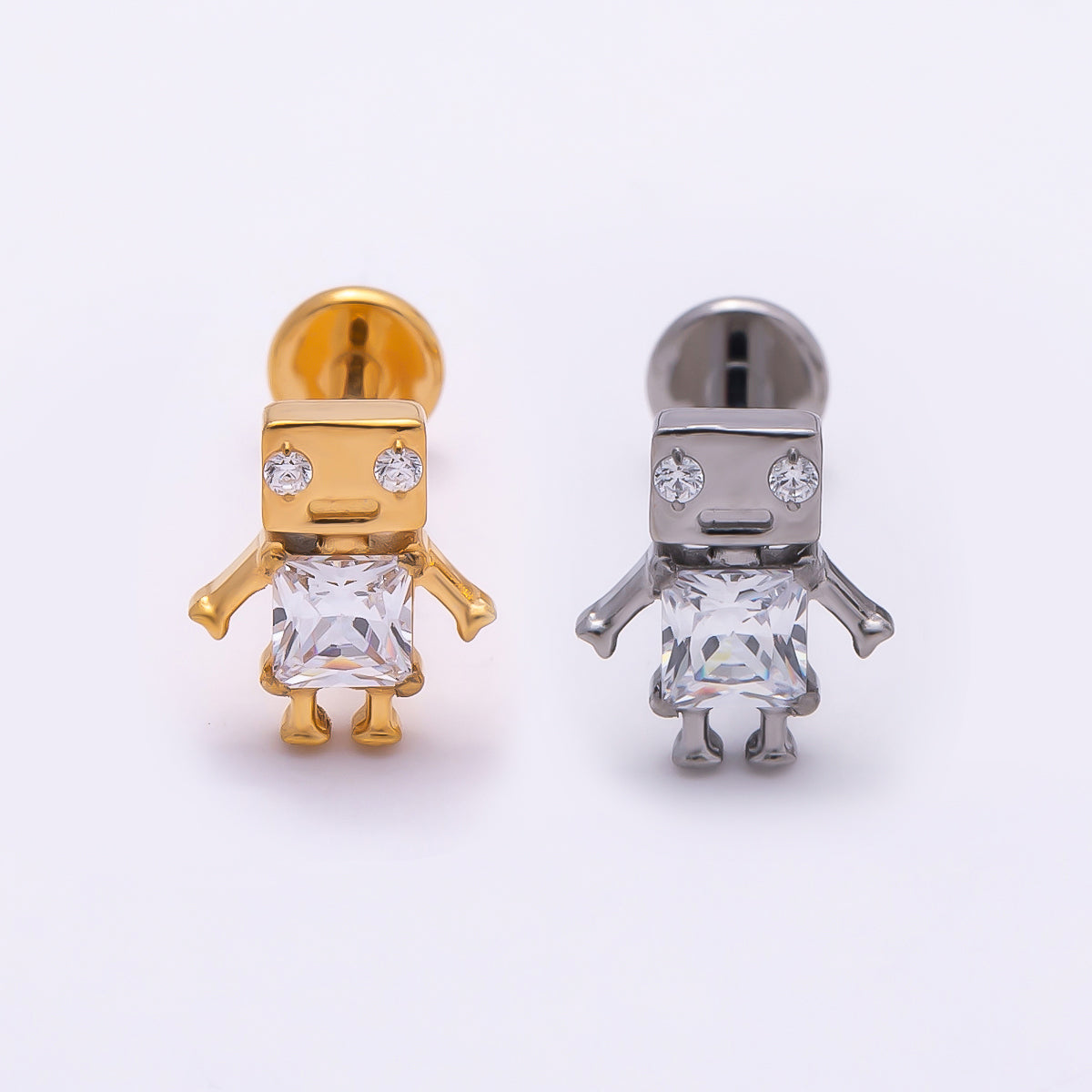 24K Gold Filled Clear CZ Robot Cartilage Piercing Flat Back Stud in Gold & Silver | Findings-00275 Findings-00276