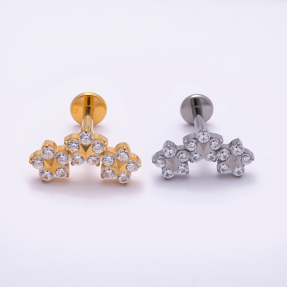 24K Gold Filled 6mm Clear CZ Triple Flower Cartilage Piercing Flat Back Stud in Gold & Silver | Findings-00258 Findings-00259