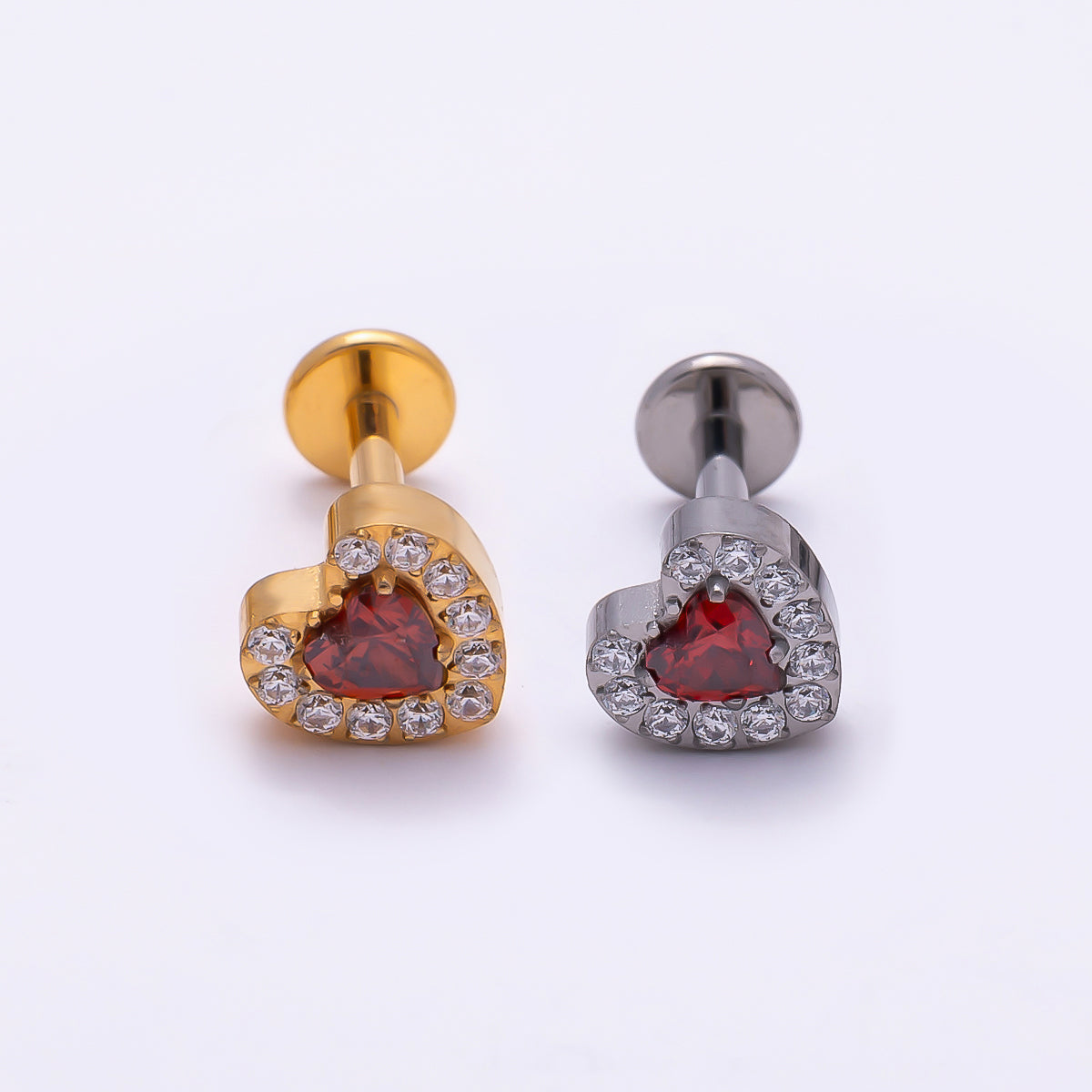 24K Gold Filled 5.5mm Red Micro Paved CZ Heart Cartilage Piercing Flat Back Stud in Gold & Silver | Findings-00256 Findings-00257