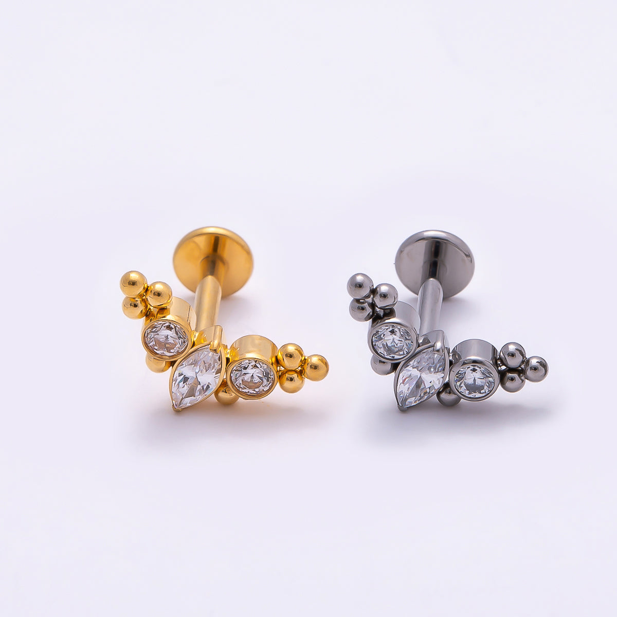 24K Gold Filled 4mm Clear CZ Marquise Round Bubble Single Cartilage Piercing Flat Back Stud in Gold & Silver | Findings-00244 Findings-00245