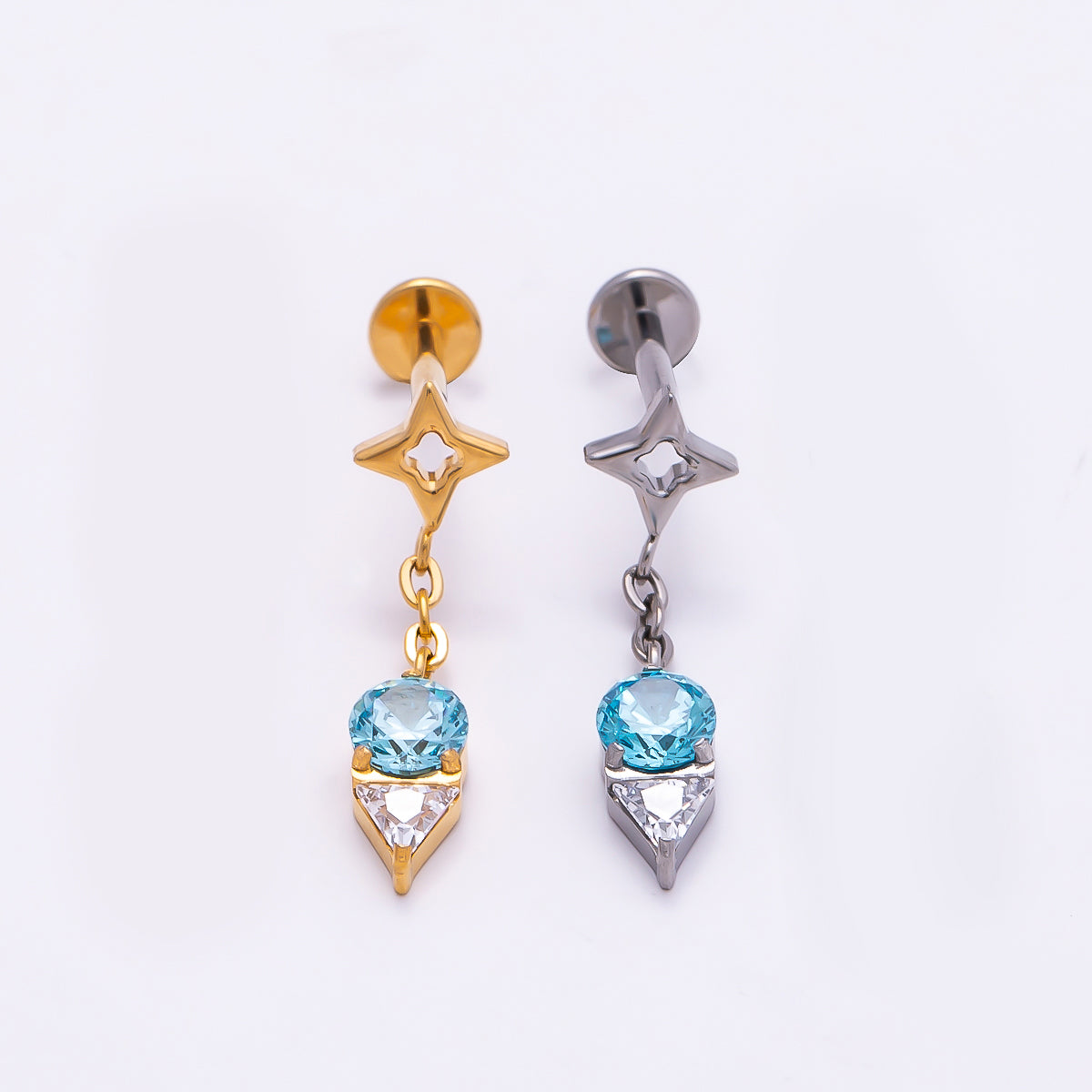 24K Gold Filled 20mm Blue Clear CZ Star Drop Cartilage Piercing Flat Back Stud in Gold & Silver | Findings-00262 Findings-00263