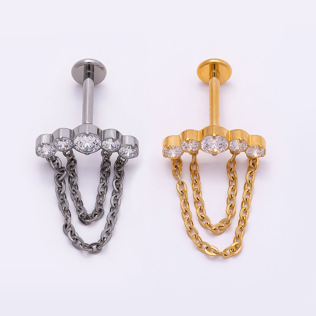Titanium 18mm Multiple Clear CZ Round Chain Drop Cartilage Piercing Flat Back Stud in Gold & Silver | Findings-00373 Findings-00374