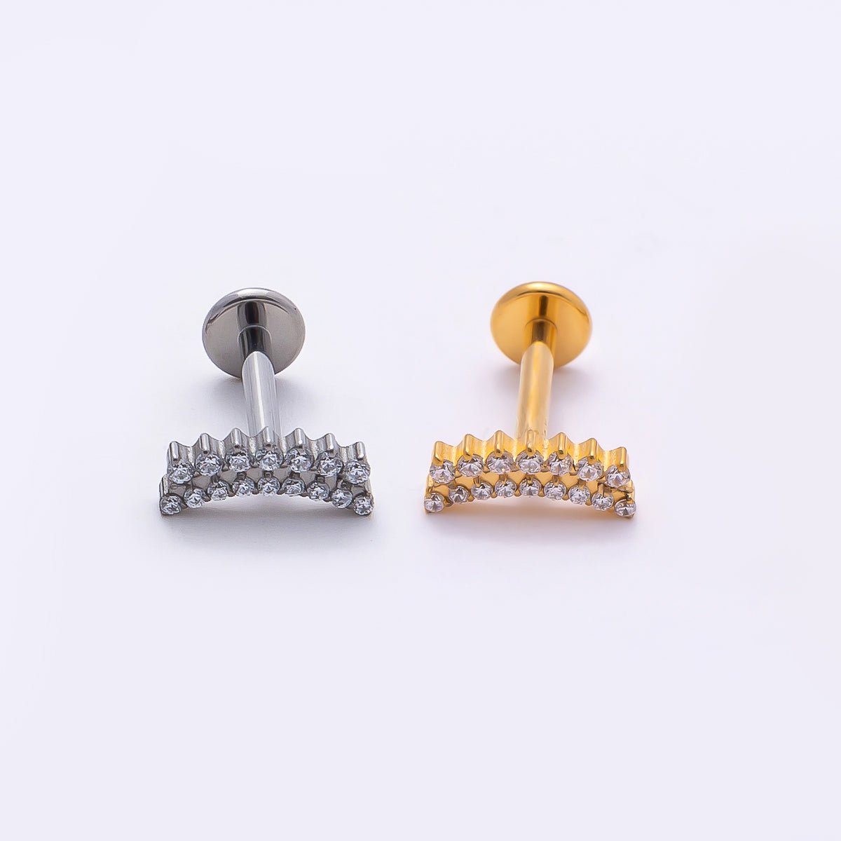 Titanium 3.5mm Clear CZ Double Curved Cartilage Piercing Flat Back Stud in Gold & Silver | Findings-00379 Findings-00380