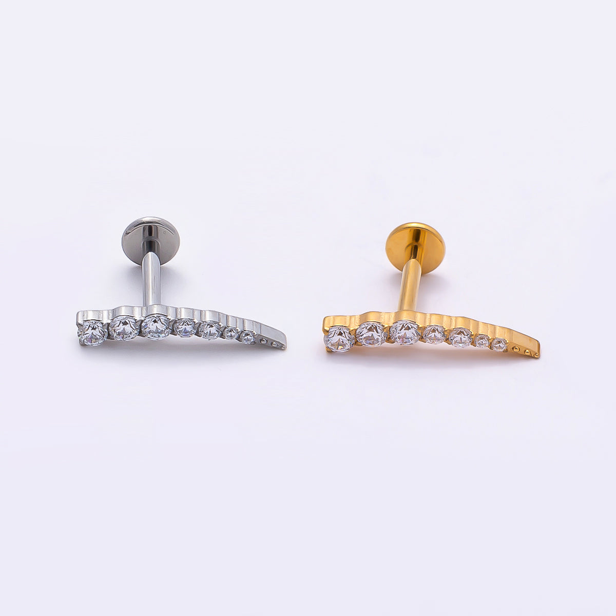 Titanium 2.5mm Clear CZ Curved Cartilage Piercing Flat Back Stud in Gold & Silver | Findings-00377 Findings-00378