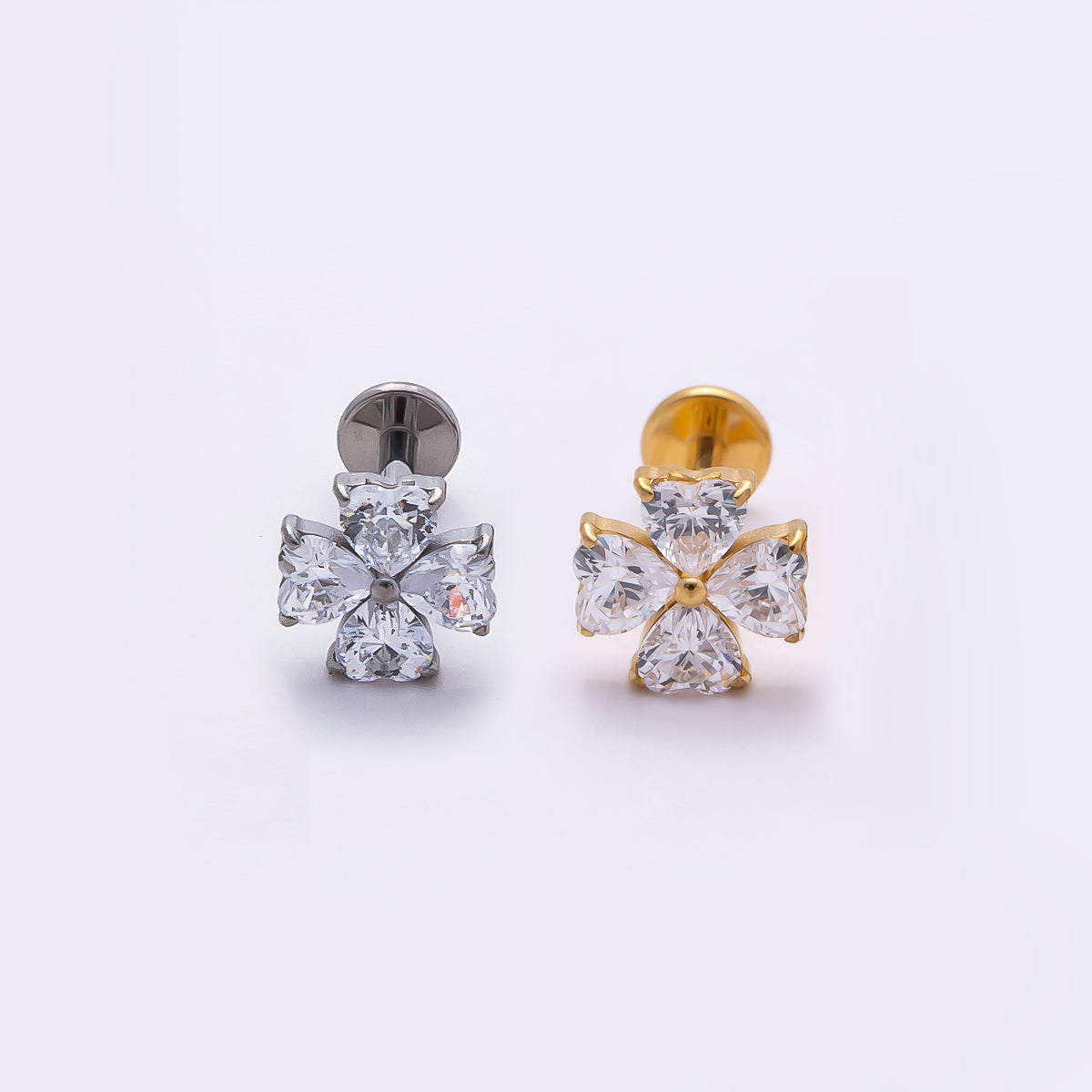 Stainless Steel 11mm Clear CZ Heart Clover Single Cartilage Piercing Flat Back Stud in Gold & Silver | Findings-00184 Findings-00185