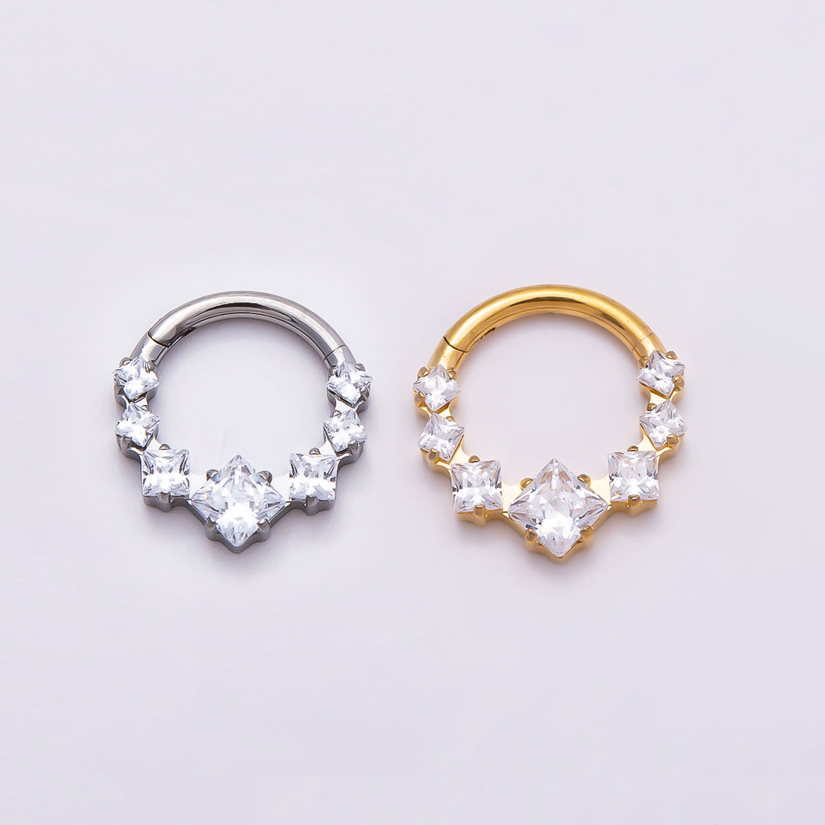 Stainless Steel 11mm Clear Square CZ Cluster Gradient Pull Gate Round Finding in Gold & Silver | Findings-00212 Findings-00213