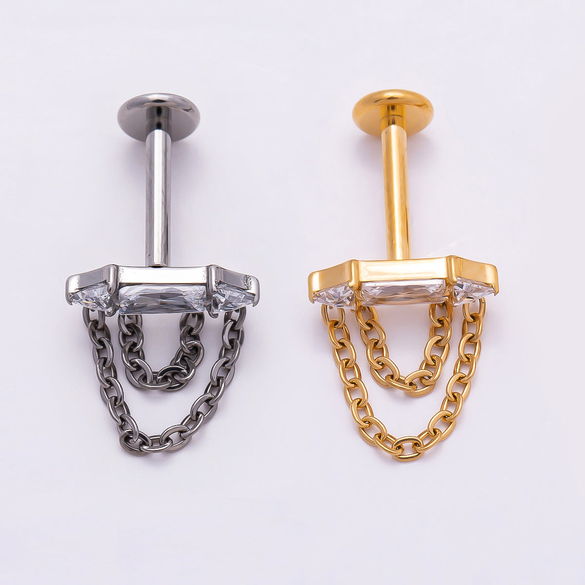 Titanium 11mm Clear CZ Baguette Chain Drop Cartilage Piercing Flat Back Stud in Gold & Silver | Findings-00367 Findings-00368