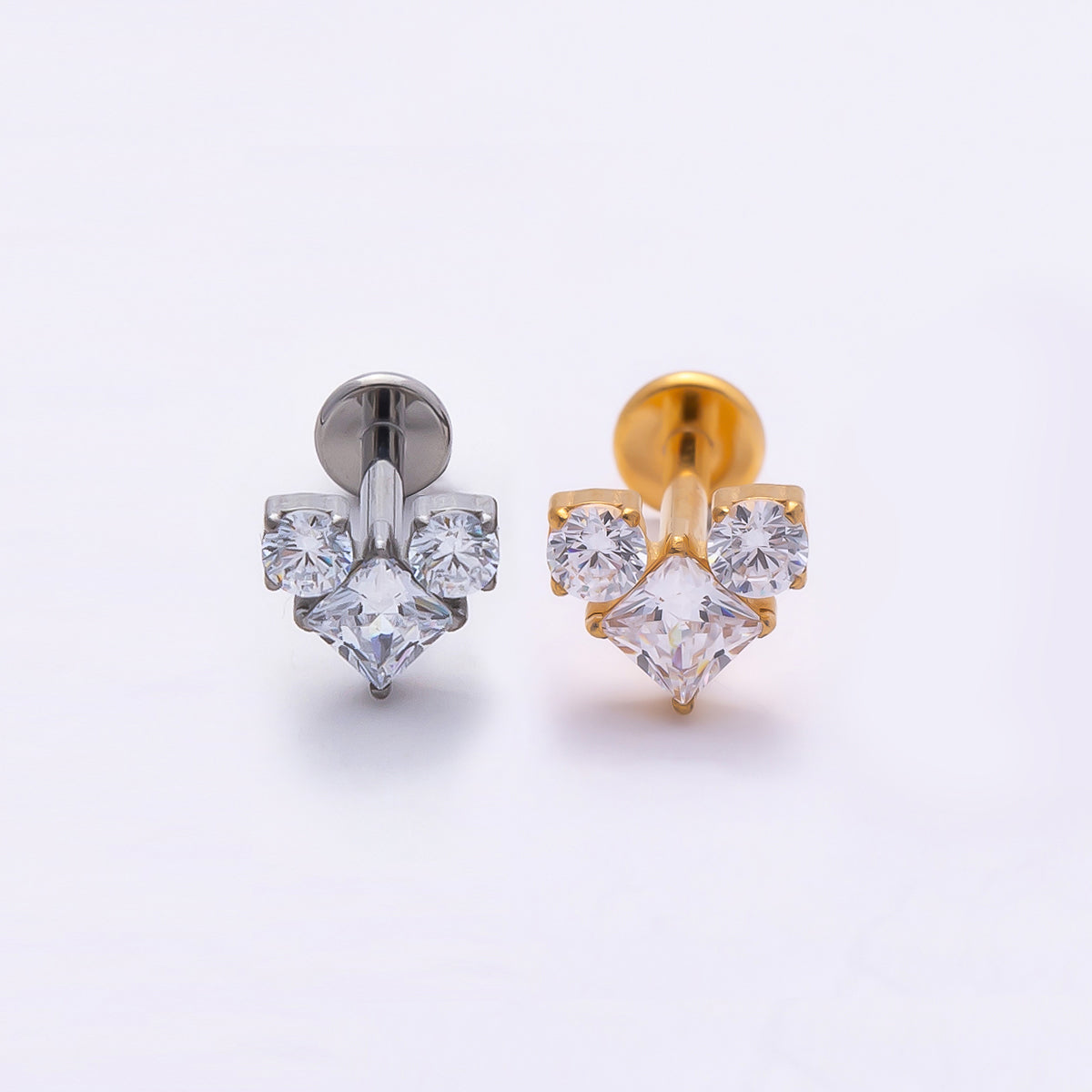 Stainless Steel 11mm Clear CZ Geometric Heart Single Cartilage Piercing Flat Back Stud in Gold & Silver | Findings-00182 Findings-00183
