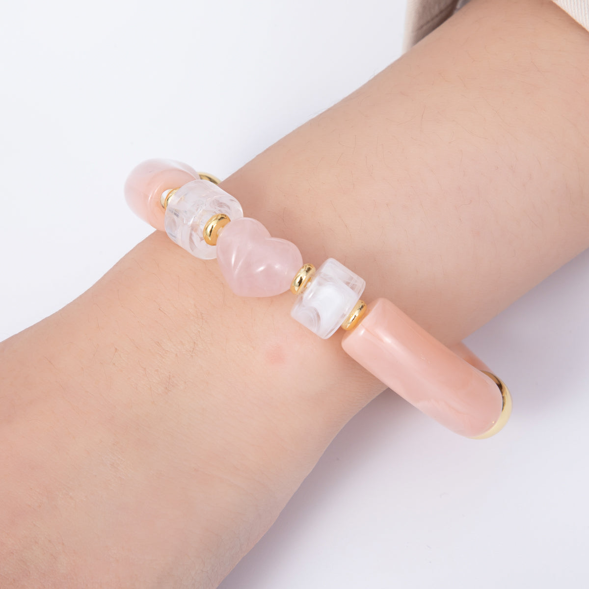 18K Gold Filled 6mm Rose Quartz Gemstone Heart Bead Stretch Bracelet | WA-04140