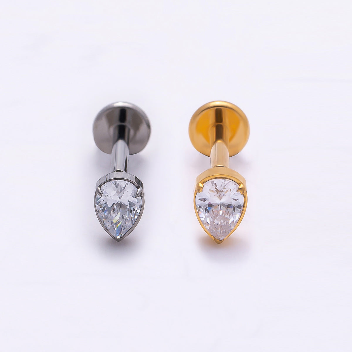 Stainless Steel 11mm Clear CZ Teardrop Single Cartilage Piercing Flat Back Stud in Gold & Silver | Findings-00186 Findings-00187